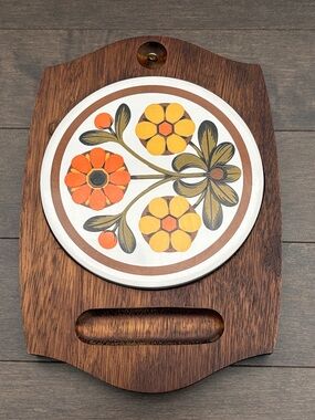 Vintage 1970’s Cheese Board, Wooden Serving Plate Tray Floral Ceramic MCM Accent
